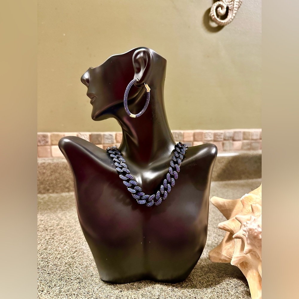 “Mac Daddy” gunmetal necklace and earrings with ocean blue pave crystals by BAR